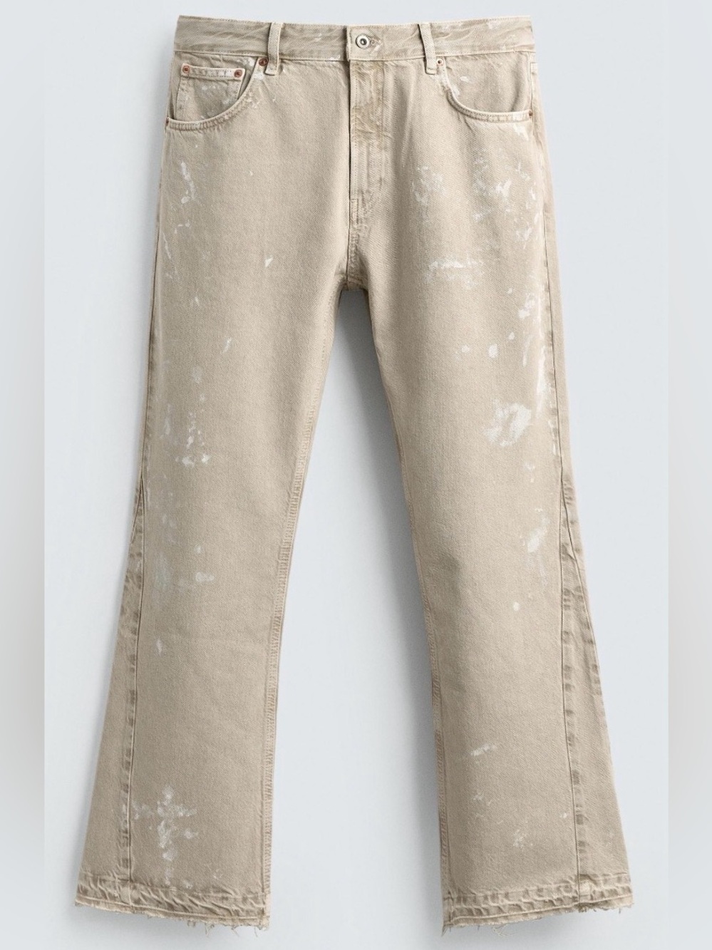 *BRAND NEW* Zara Beige Paint-Splatter Flared Jeans w/ distressed hems.